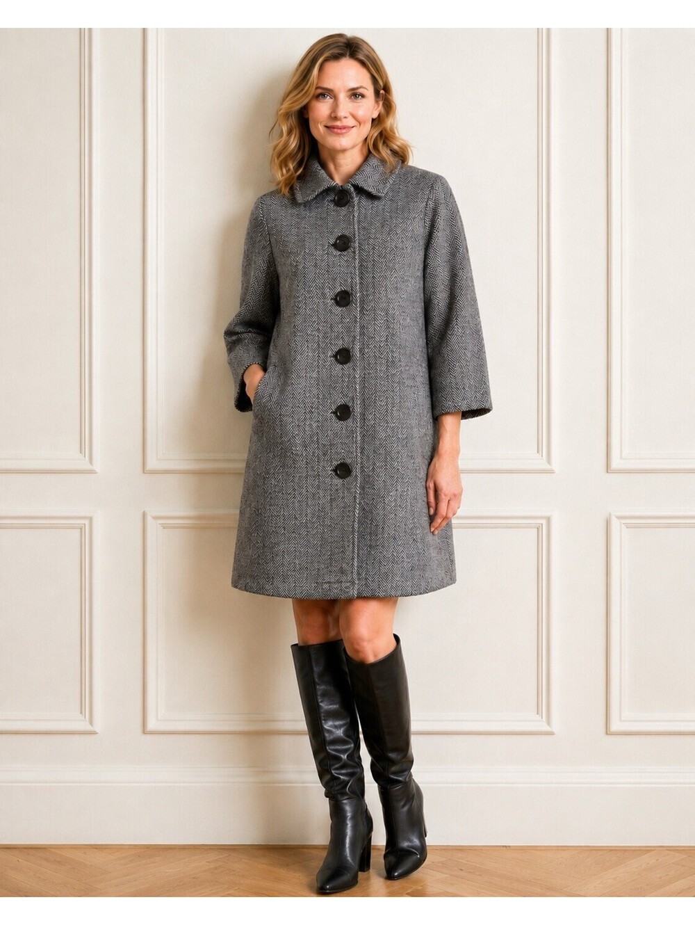 Ambition Size L Gray Herringbone Wool Coat Button Front